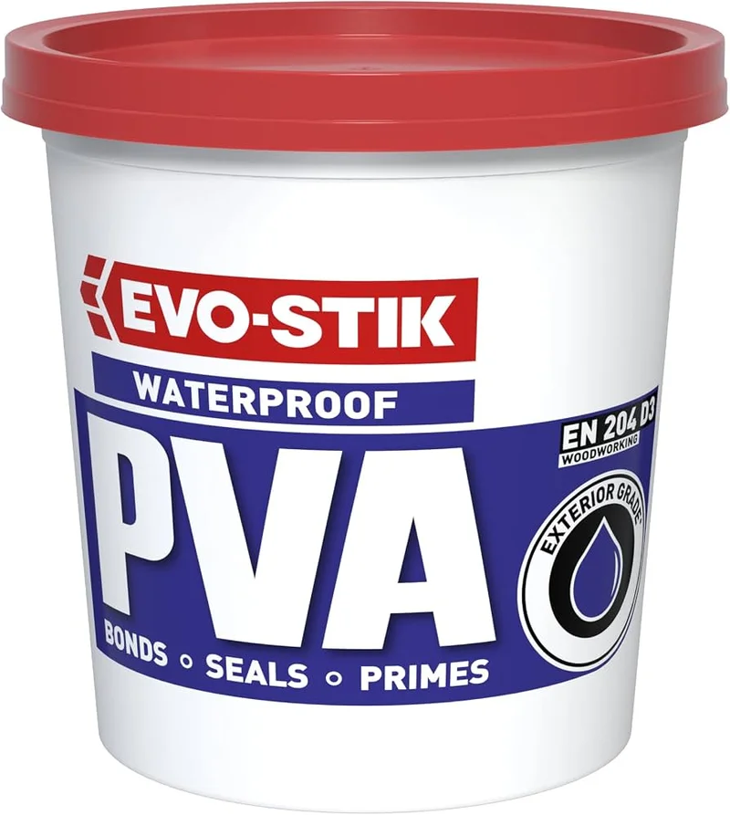 Bottle of PVA wood glue next to a glued wood joint clamp-up