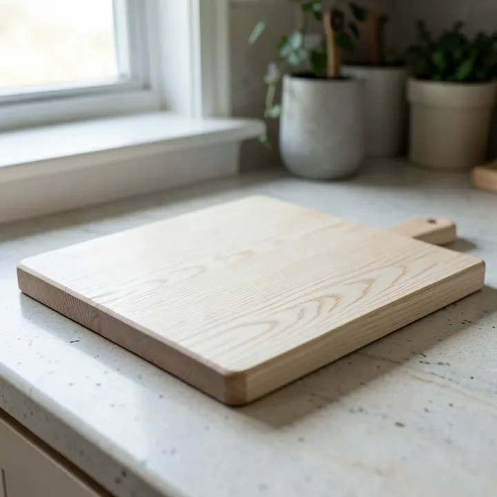 Finished white oak cutting board with visible grain on a kitchen counter