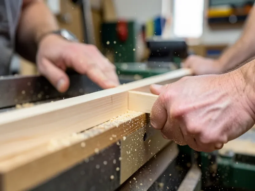 Board edge held against a jointer fence to square it to the flattened face