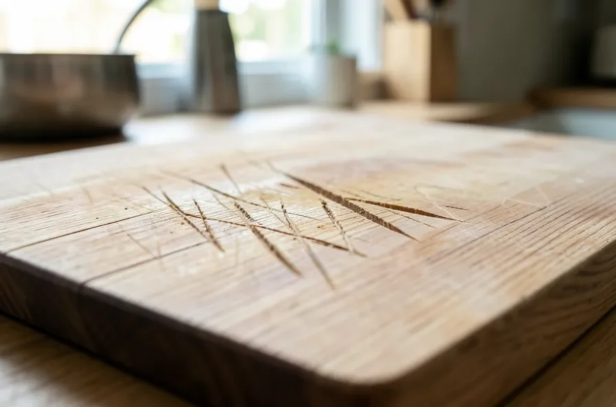 Close-up of knife grooves cut into a soft wood cutting board surface