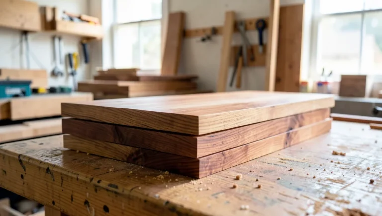 Stack of raw Hawaiian koa wood lumber boards with figured reddish-brown grain in a woodworking shop