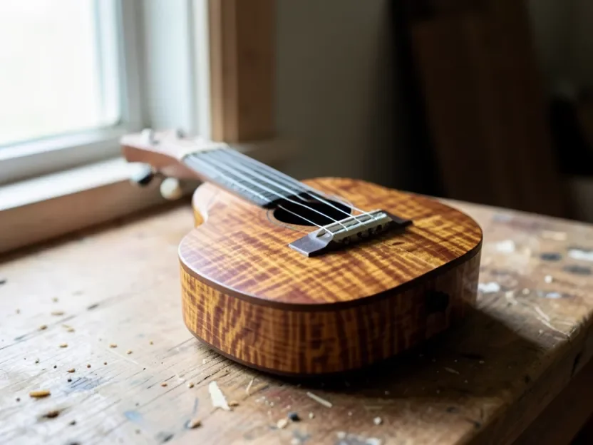 Handcrafted ukulele made from figured koa wood showing curly grain pattern