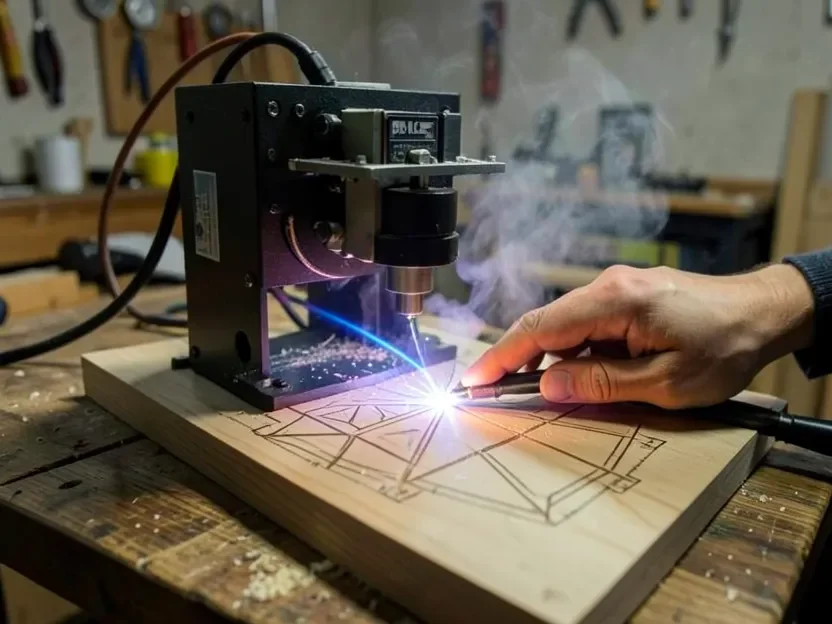 Desktop diode laser engraver etching a geometric pattern into a wood plank