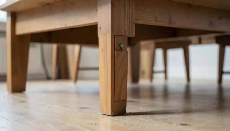 Adjustable wood riser installed under a wooden table leg to add height