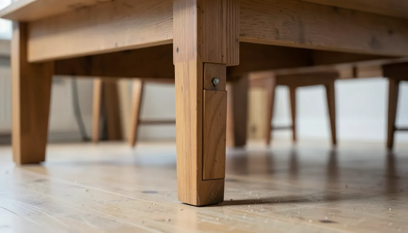 Adjustable wood riser installed under a wooden table leg to add height