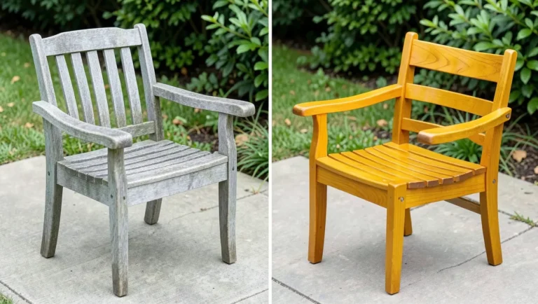 Weathered gray teak on the left, restored golden-brown tone on the right