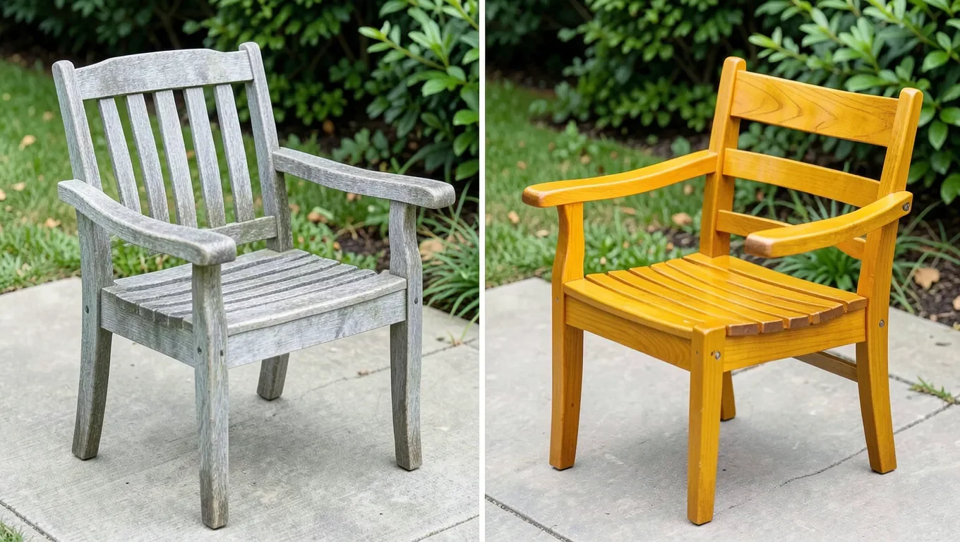 Weathered gray teak on the left, restored golden-brown tone on the right