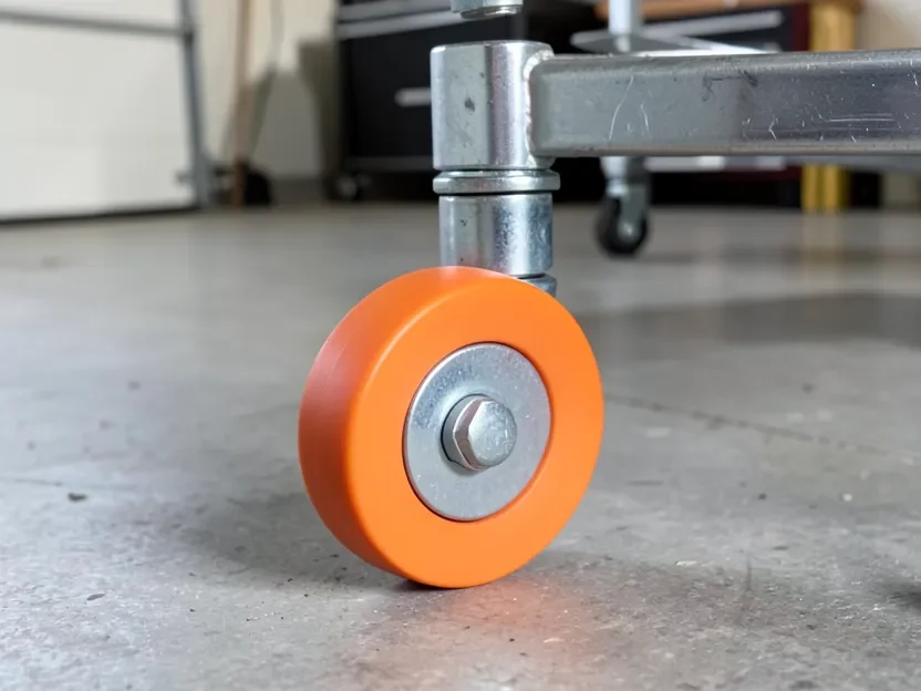 Close-up of a locking swivel caster wheel mounted on the metal leg of a miter saw stand