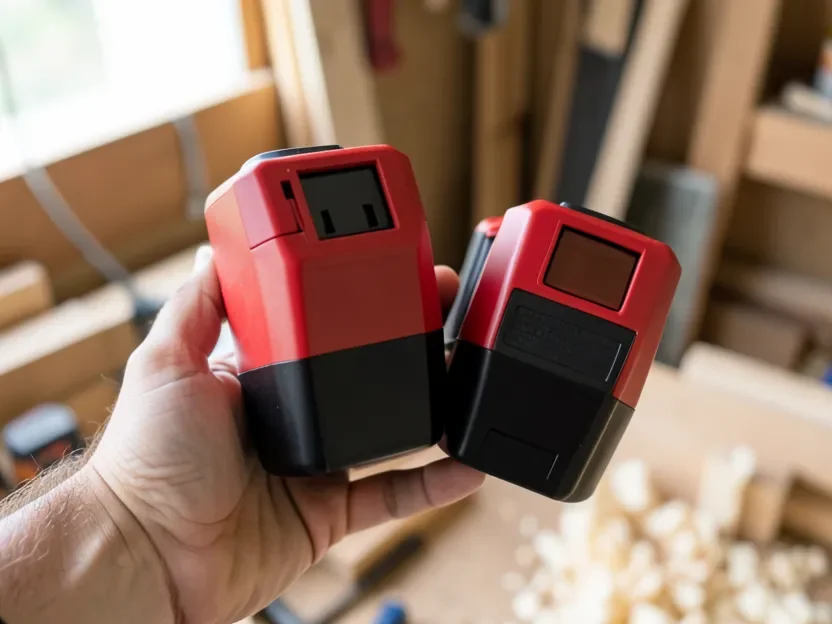Comparing the size of an M12 and M18 style cordless battery pack side by side