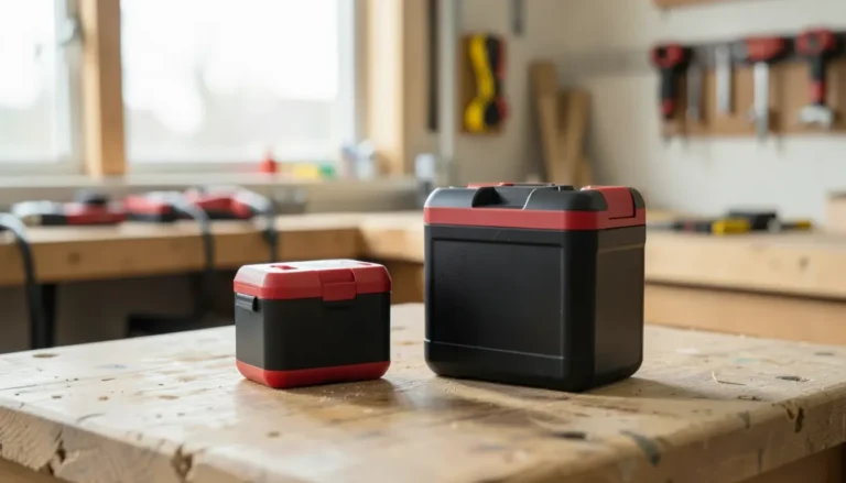 Two different sized cordless tool battery packs side by side on a workbench illustrating the M12 and M18 platform size difference