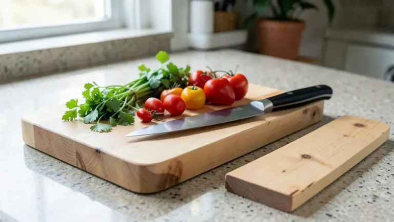 End-grain maple cutting board next to a raw cedar wood plank on a kitchen counter