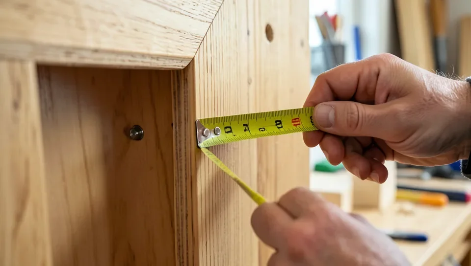 Marking a cabinet door with a tape measure and pencil before drilling handle screw holes