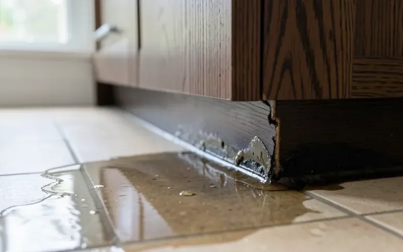 Water pooling beside a swollen MDF cabinet base near a sink Water pooling beside a swollen MDF cabinet base near a sink