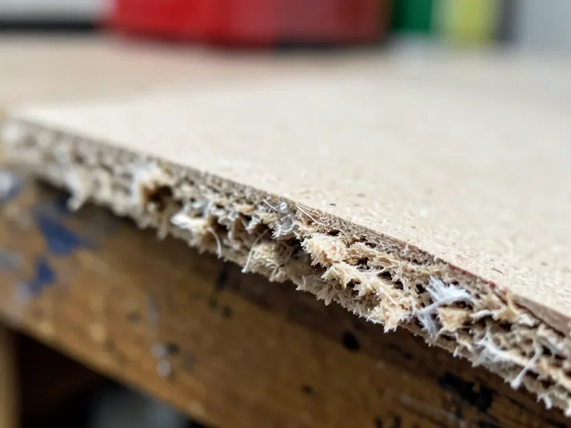 Close-up of a raw MDF edge swollen and crumbling from moisture exposure