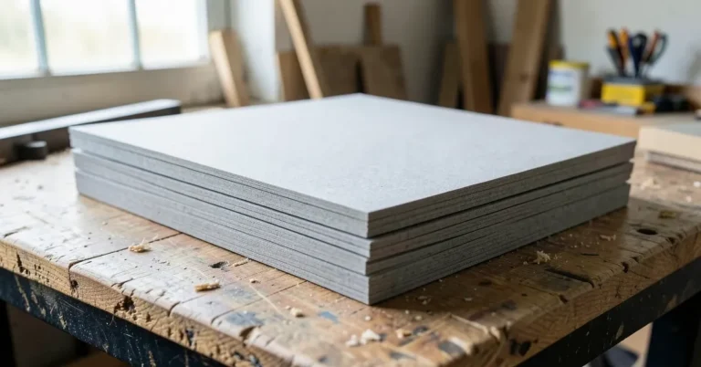 Stack of gray MDF fiberboard sheets on a workbench