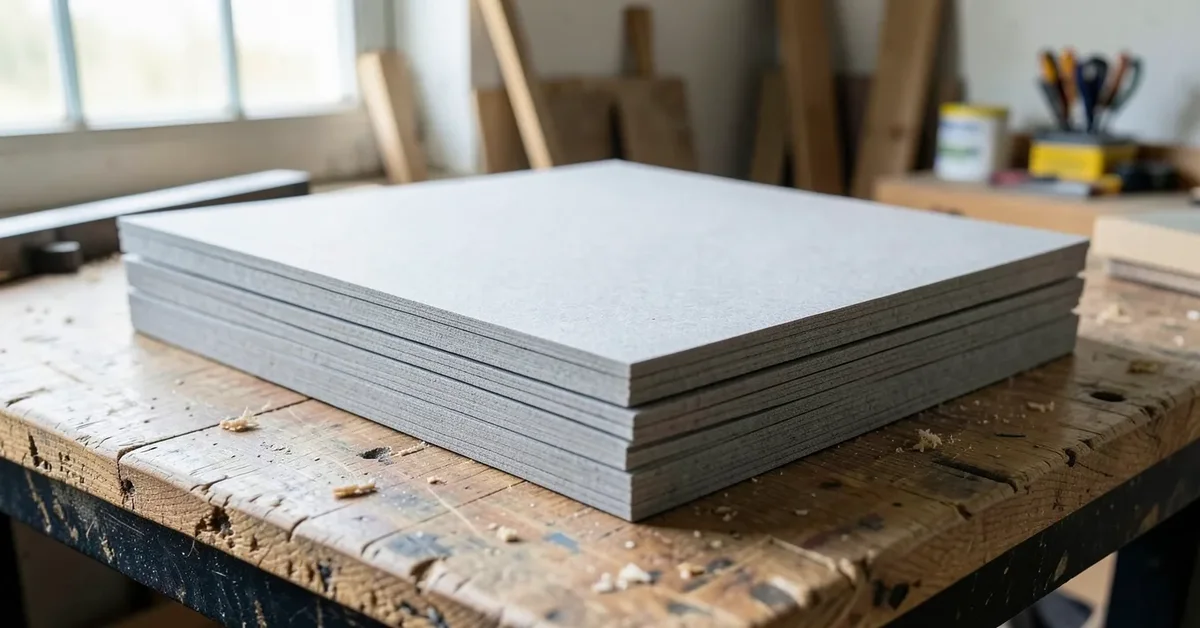 Stack of gray MDF fiberboard sheets on a workbench