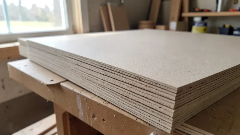 Stack of MDF sheets in a workshop, showing the smooth face and raw cut edge
