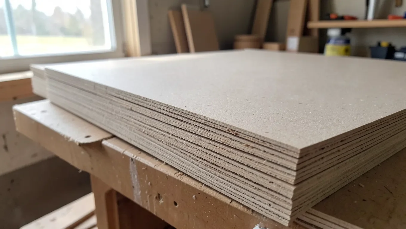 Stack of MDF sheets in a workshop, showing the smooth face and raw cut edge