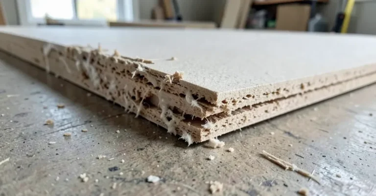 Close-up of a swollen, delaminated MDF panel edge after water exposure