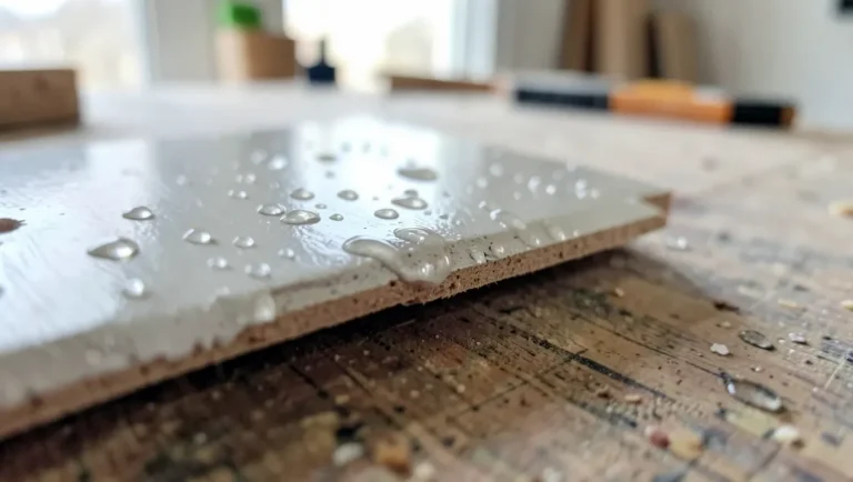 Close-up of a sealed MDF board edge with water beading on the surface, showing moisture protection
