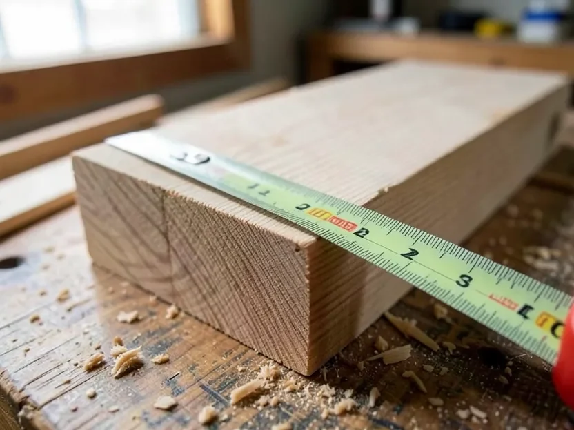 Tape measure reading the width in inches across a sawn board on a workbench