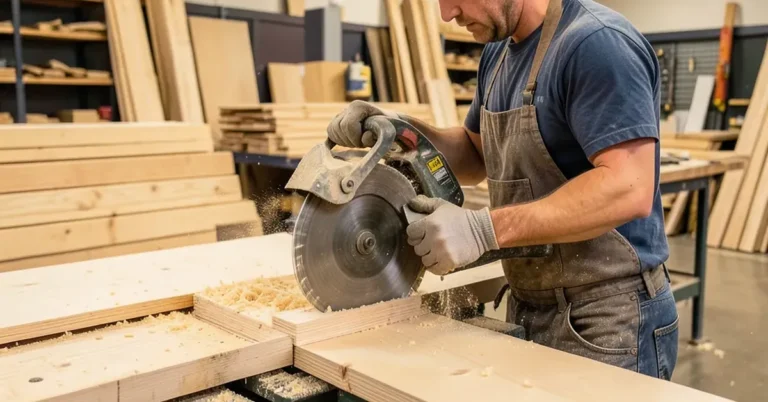 A store employee cutting a sheet of plywood on a panel saw in a lumber department