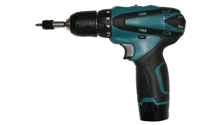 Cordless drill with a battery pack, on a plain white background