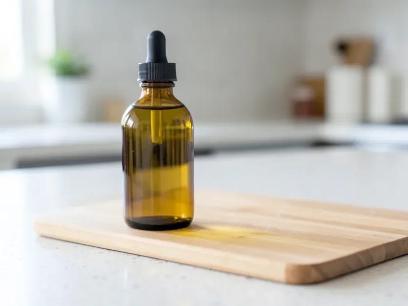 Mineral oil bottle beside a rubberwood cutting board for food-contact sealing