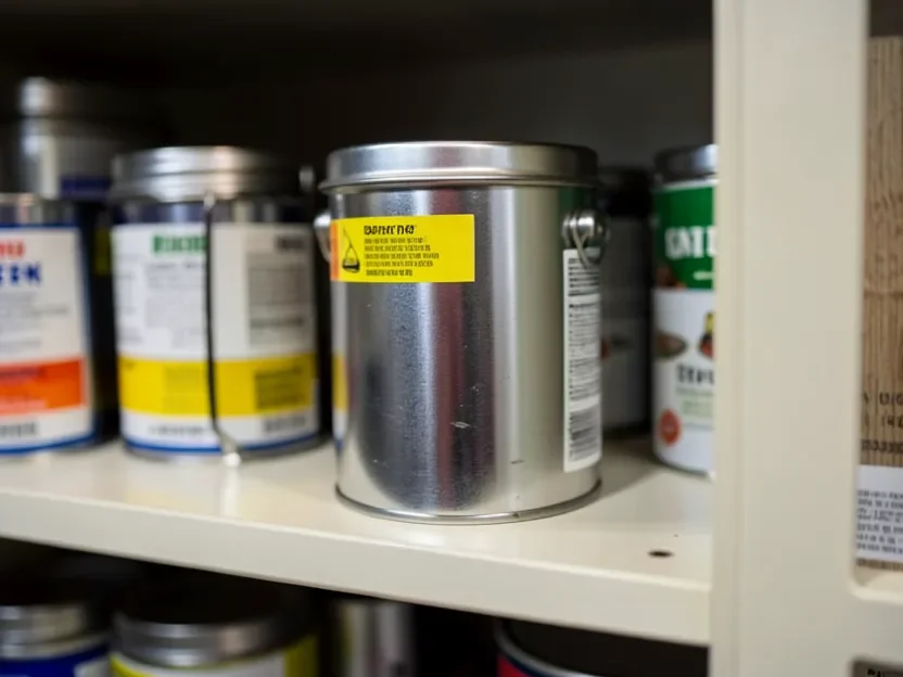 Sealed metal paint cans stored upright on a garage shelf to keep mineral spirits from evaporating