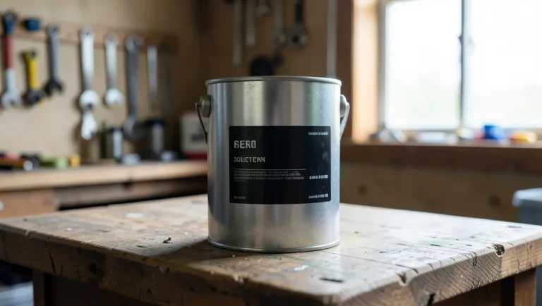Metal can of mineral spirits solvent sitting on a wooden workbench in a home workshop