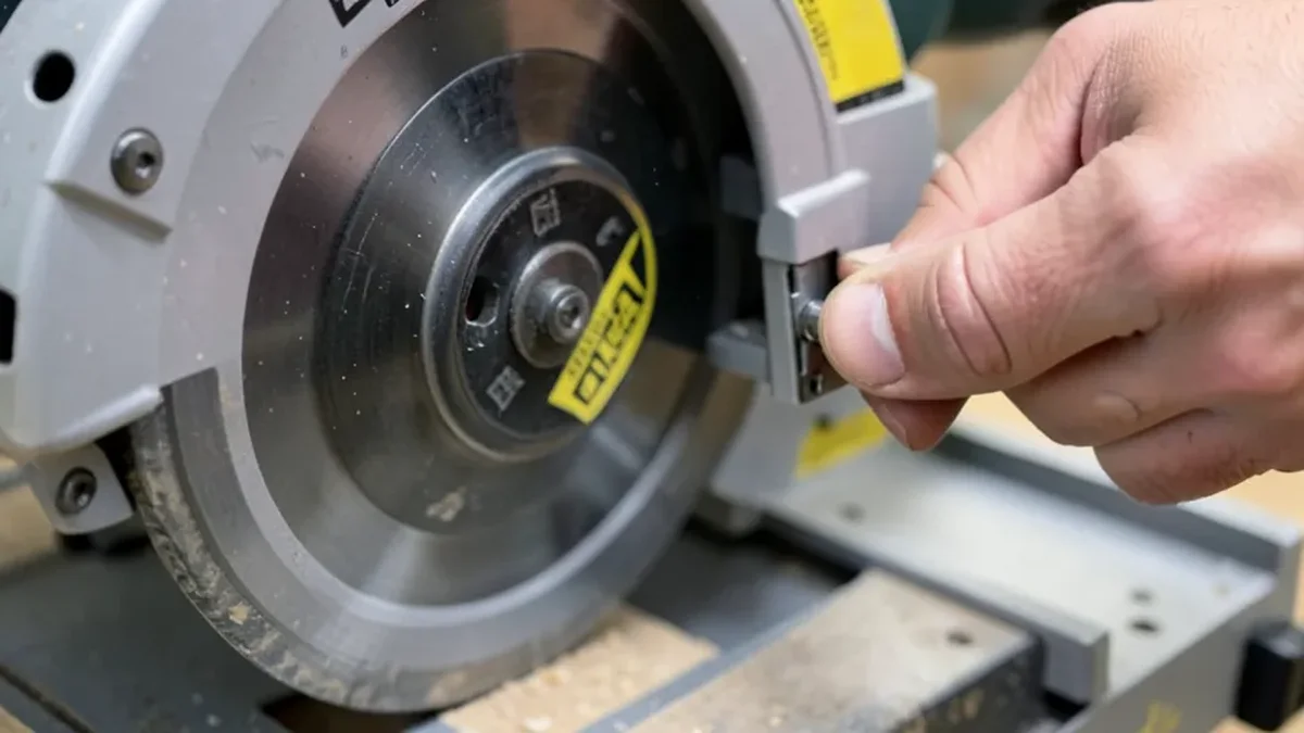 Miter saw with the cutting head lowered showing the transport lock pin near the rear hinge