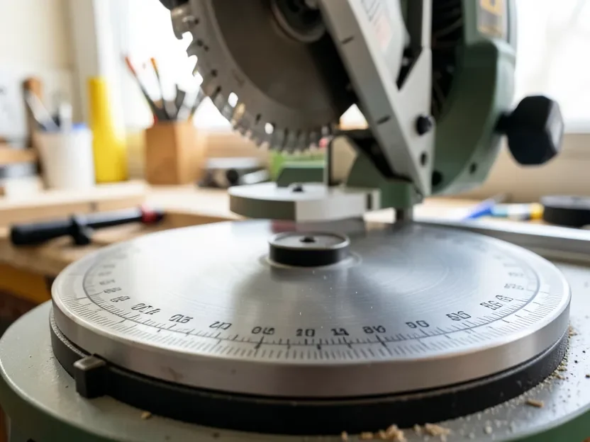 Close-up of a miter saw turntable base showing the engraved angle scale and miter lock lever