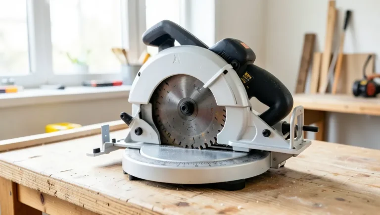A compound miter saw on a workbench showing the blade, pivoting head, and round turntable base with angle scale