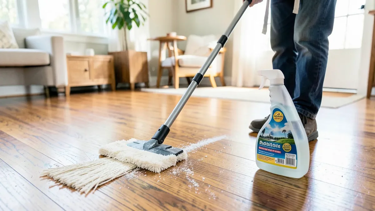 Mopping a hardwood floor with a spray bottle of pH-neutral floor cleaner nearby