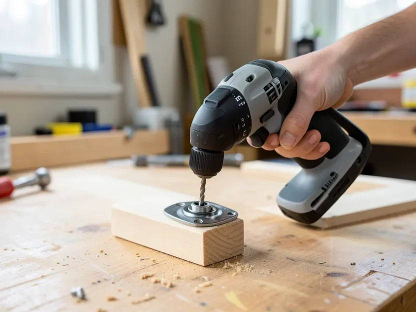 Hand using a cordless drill to screw a caster mounting plate onto the flat wooden foot of a shop-built miter saw stand leg