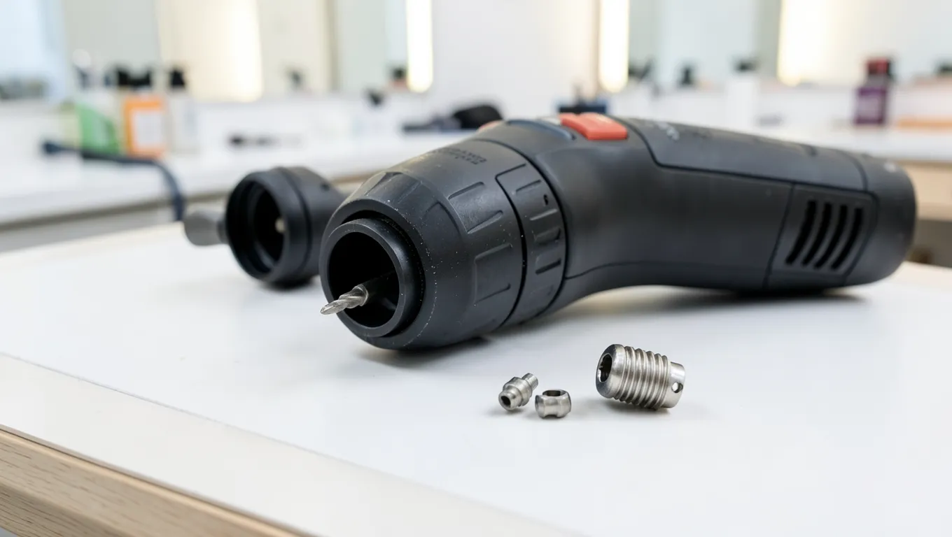 Electric nail drill machine with bit removed from collet for troubleshooting