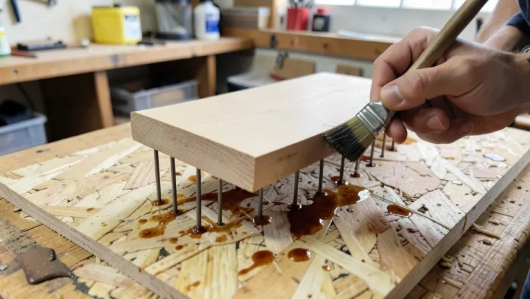 Wood panel resting on nail points in a jig while staining the top face and edges