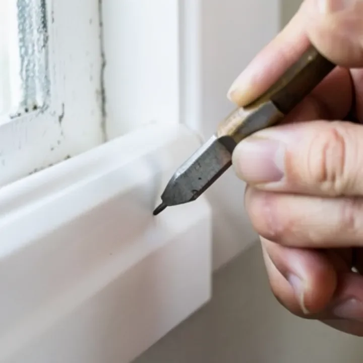 Using a nail set to sink a nail head below the surface of quarter round at an inside corner