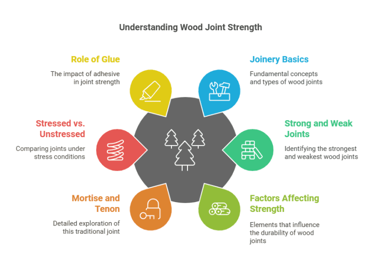Wood joint strength infographic: stressed vs unstressed factors Infographic showing six factors in wood joint strength: glue, joinery basics, strong vs weak joints, stressed vs unstressed, mortise and tenon, and factors affecting strength