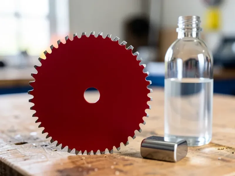 Negative hook angle carbide-tipped blade for cutting aluminum, next to cutting wax lubricant and an aluminum bar