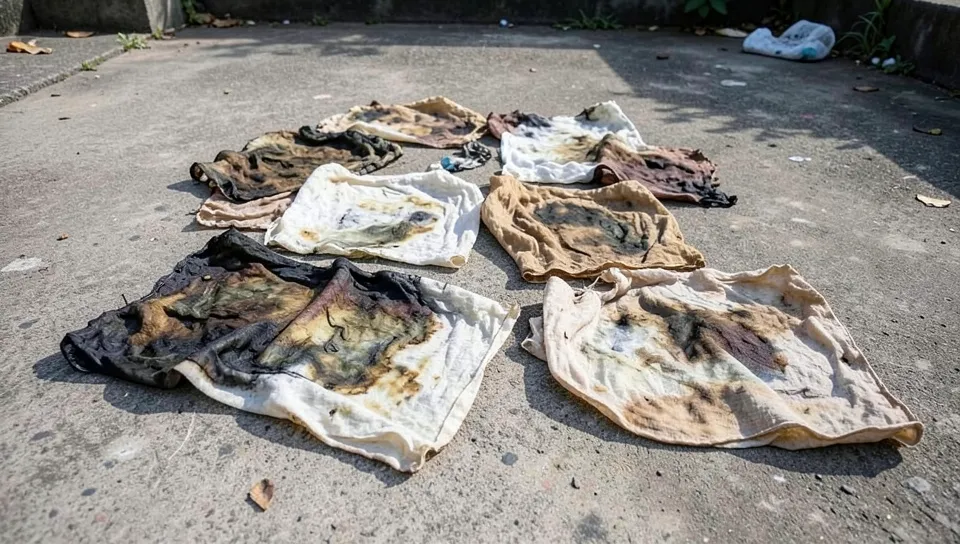 Oil-stained rags spread out flat and separated outdoors to dry safely