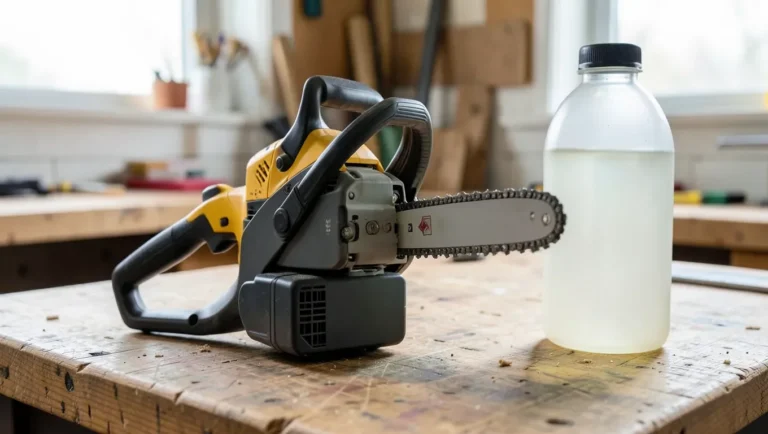 Close-up of bar-and-chain oil being applied to a compact cordless mini chainsaw