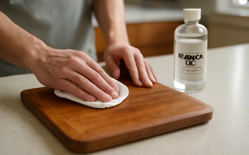 hands rubbing food-grade mineral oil into a wooden cutting board with a cloth