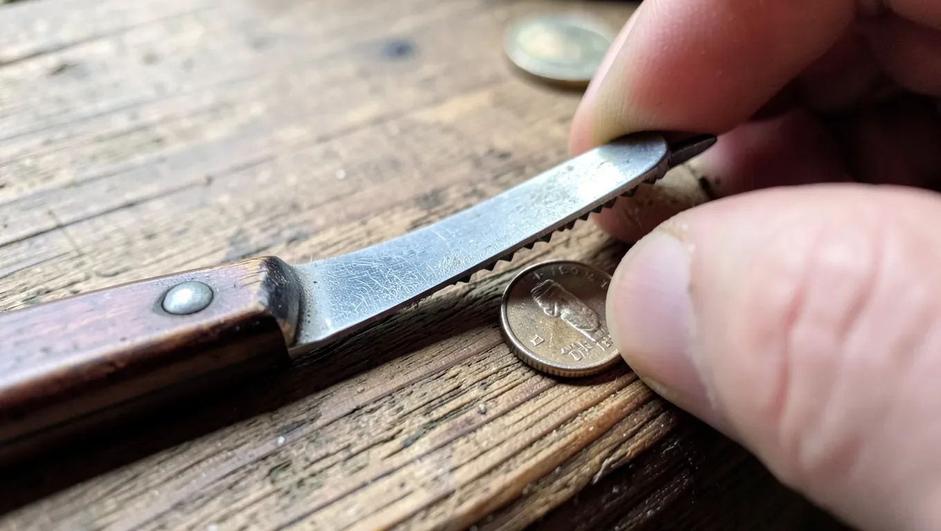 Improvised tools like a butter knife and coin used to turn a screw