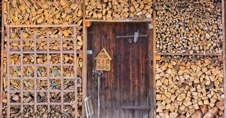 Organized firewood storage racks built into a wooden shed wall