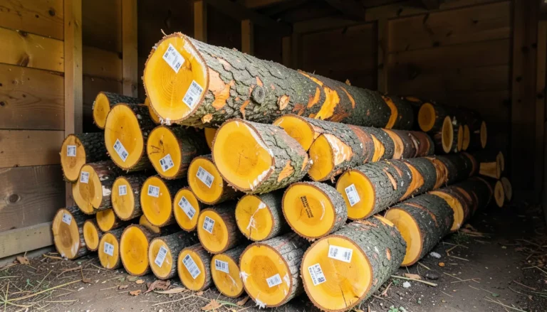 Stack of Osage orange logs with waxed, sealed end grain stacked for slow air drying