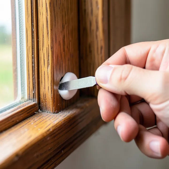 Applying painter's putty to a wood trim nail hole