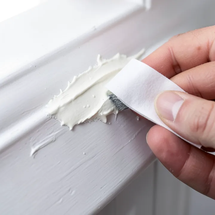 Sanding a dried putty patch on wood trim