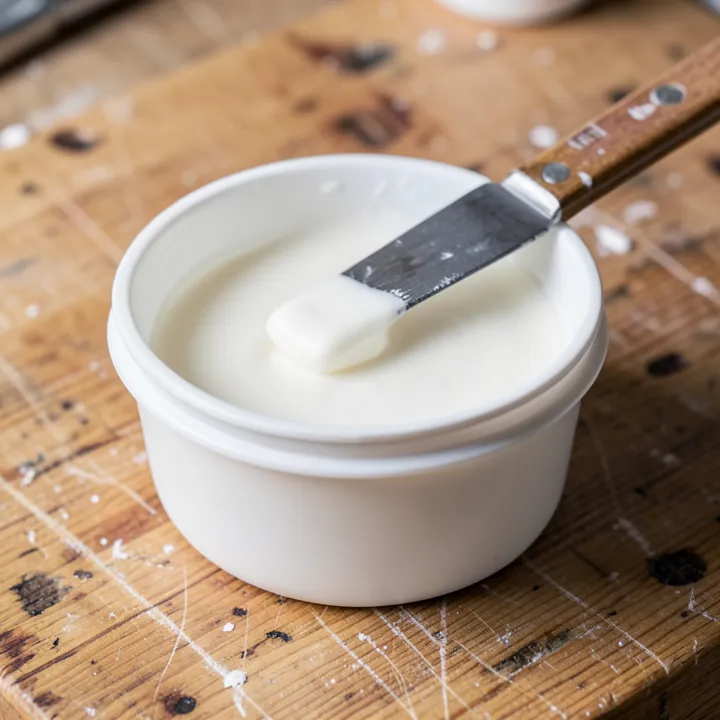 Open tub of white painter's putty with a putty knife