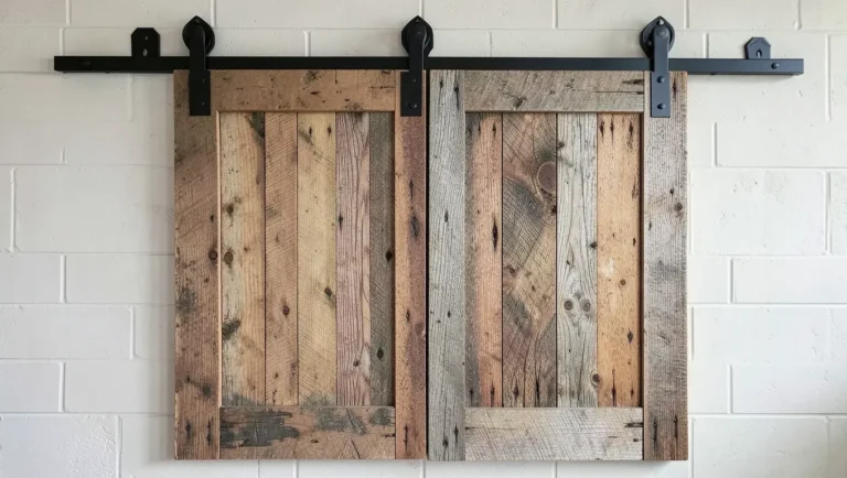 A finished sliding barn door built from pallet wood